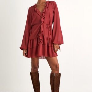 Lulus Allirah Rust Red Ruffled Long Sleeve Mini Dress - Size M